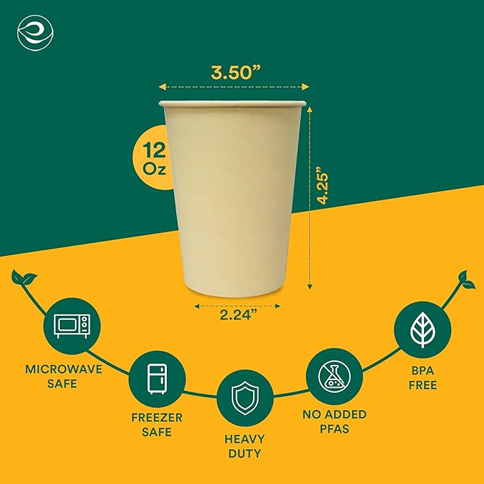 ECO SOUL 200 Pack 12 oz Disposable Coffee Cups Eco-Friendly, Biodegradable, Compostable, Leak-free & Sturdy To Go Hot Drink Travel Bagasse Cup for Tea, Chocolate, Party, Picnic & Cafe, Office & Home