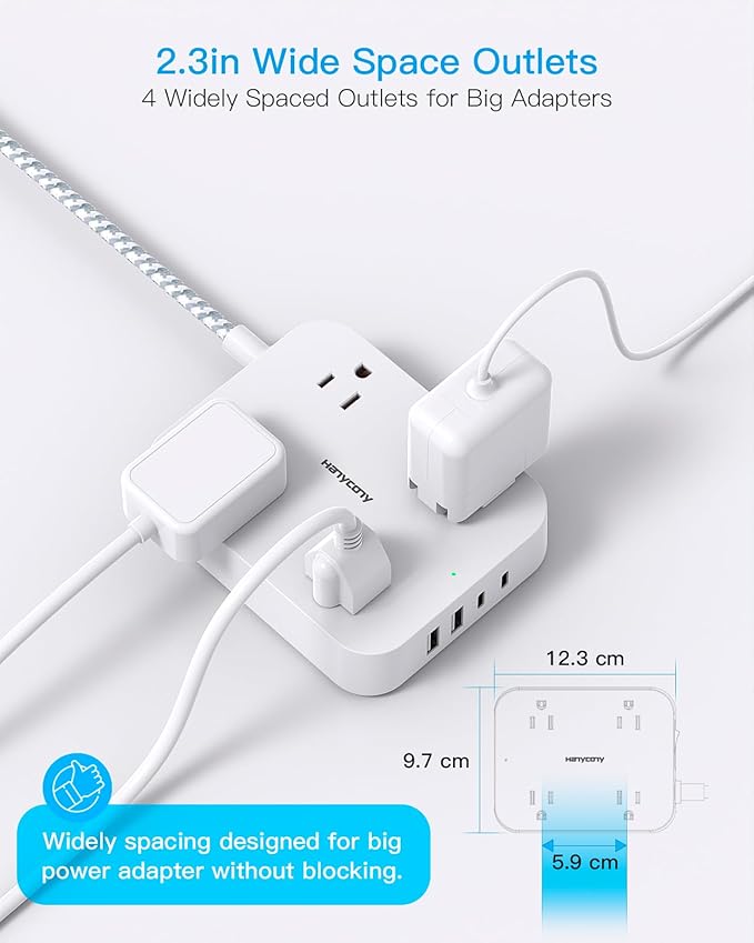 25 Ft Extension Cord, HANYCONY Ultra Thin Flat Plug Power Strip with 4 Outlets 4 USB Ports (2 USB C), Wall Mount, Desk Charging Station for Office, Travel and Dorm Room Essentials, ETL Listed