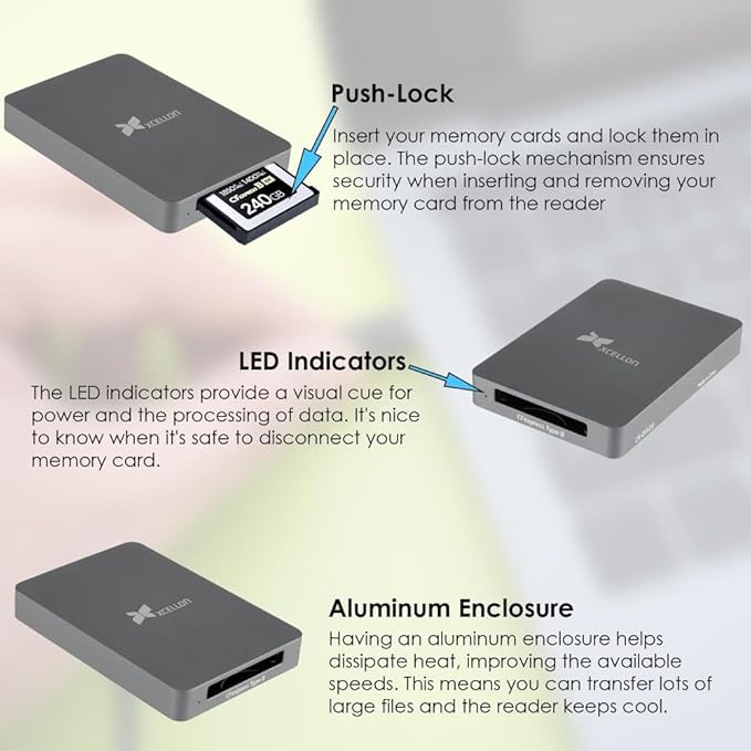 CFexpress Type B Card Reader with USB 3.2 Gen 2, 10Gbps High-Speed Data Transfer, USB C to USB C/USB A Cable, Aluminum Enclosure, Push Lock and Security LED Indicator