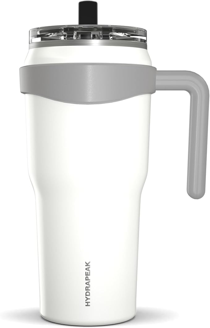 Hydrapeak Roadster 40oz Stainless Steel Tumbler Double Wall Vacuum Insulated Water Bottle With Handle And 2 in 1 Straw Lid (White)