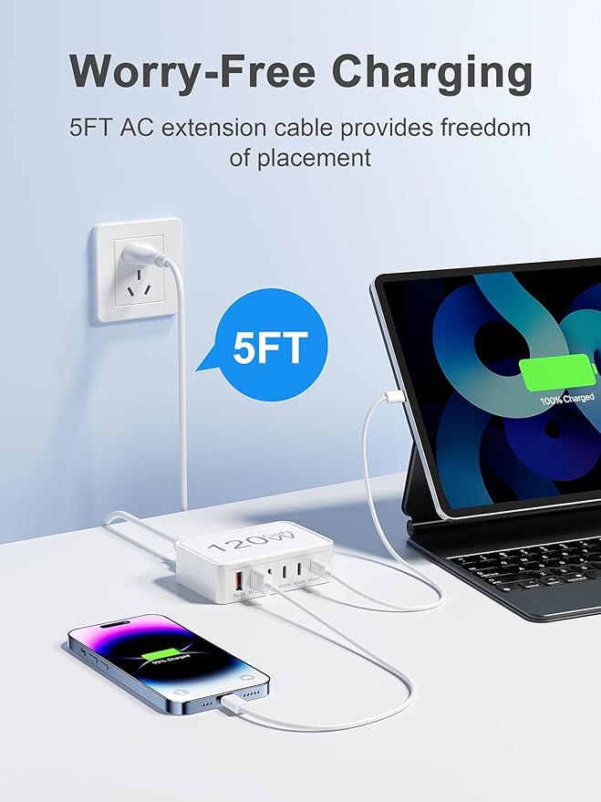 Otovoda 120W USB C Charger Block, 6 Port USB Charging Station for Multiple Devices, 5FT Desktop Multi Charging Hub Compatible with iPhone Samsung ipad, for Travel Home Office