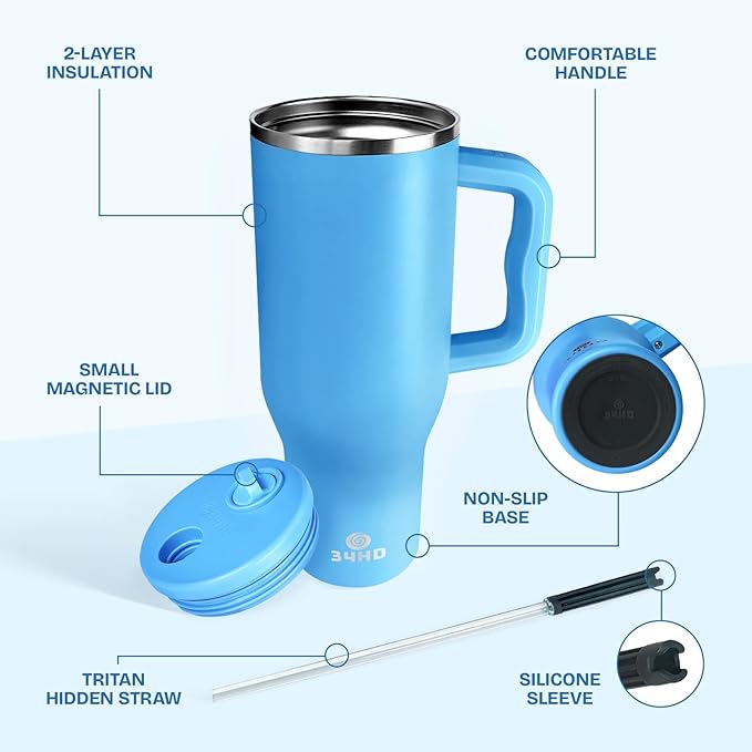 34HD 40 oz Stainless Steel Tumbler - Leakproof Insulated Water Bottle with Handle, Magnetic Lid and Flexible Straw - Iced for 48 Hours – Perfect for Men, Women, Birthday Gift, Blue - Ocean Breeze