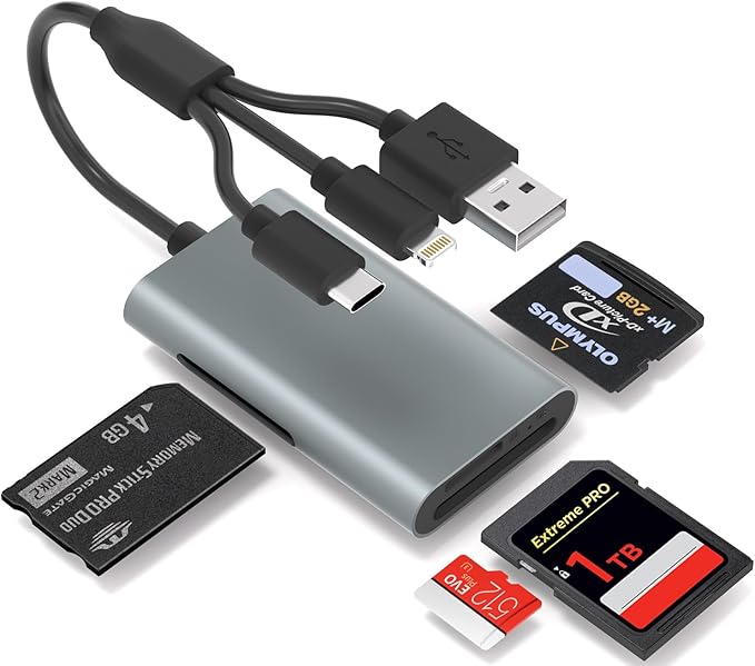 Memory Stick Pro Duo Adapter - 4 in 1 Memory Card Reader for SD/Micro SD/MS/xD-Picture-Card, SD Card Reader for iPhone 17/16/15/14/Android/PC with Lightning/USB-C/USB-A Port Digital Camera Adapter