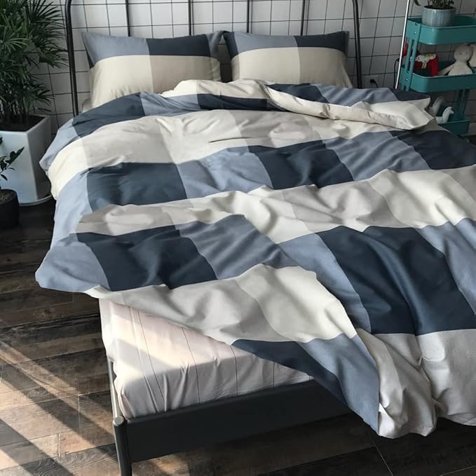 King Comforter Set Modern Style Checkered Pattern Comforter Boho Plaid Comforter Set 1 Geometric Comforter with 2 Pillow Shams Fluffy Bedding Set for All Seasons King Size Comforter Set for Men Women