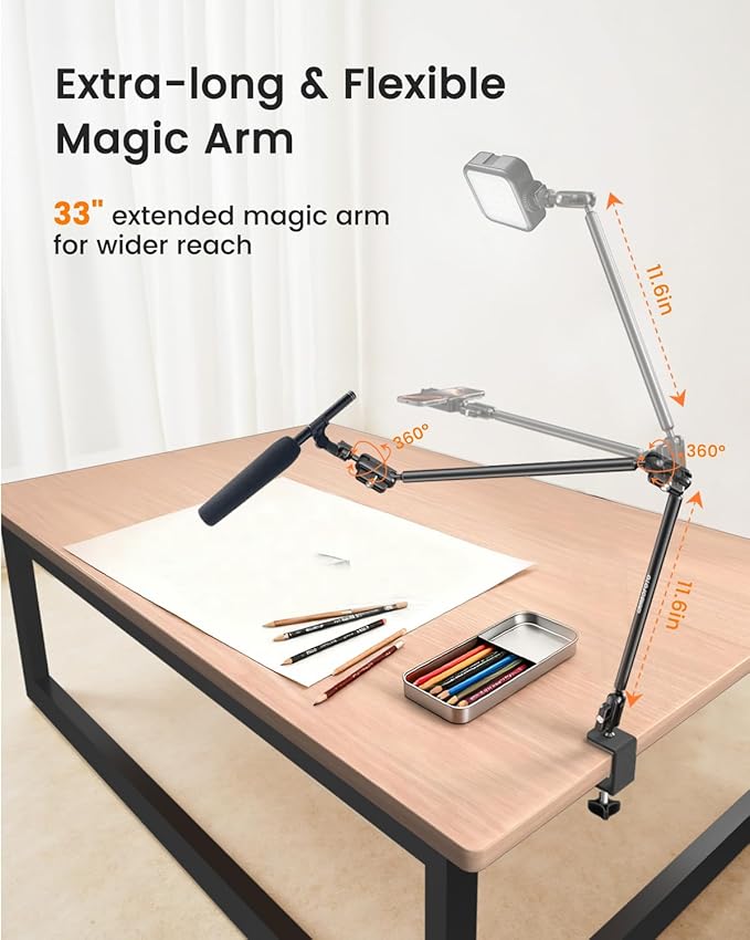CAMBOFOTO 33" Magic Arm w Desk Clamp, Overhead Camera Mount, Desk Phone Mount, Articulating Extra-Long Friction Boom Arm w 1/4" Screw, for Phone, Mic, Light, Webcams, Action Camera (Light Black)