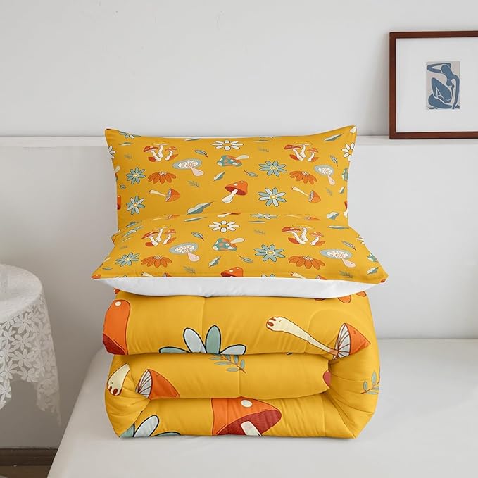 Castle Fairy Retro Hippie Mushroom Twin Size Comforter Set,Groovy Flowers Floral Duvet Set with 1 Pillowcase for Kids BoysYellow Boho Soft Microfiber Bedding Comforters