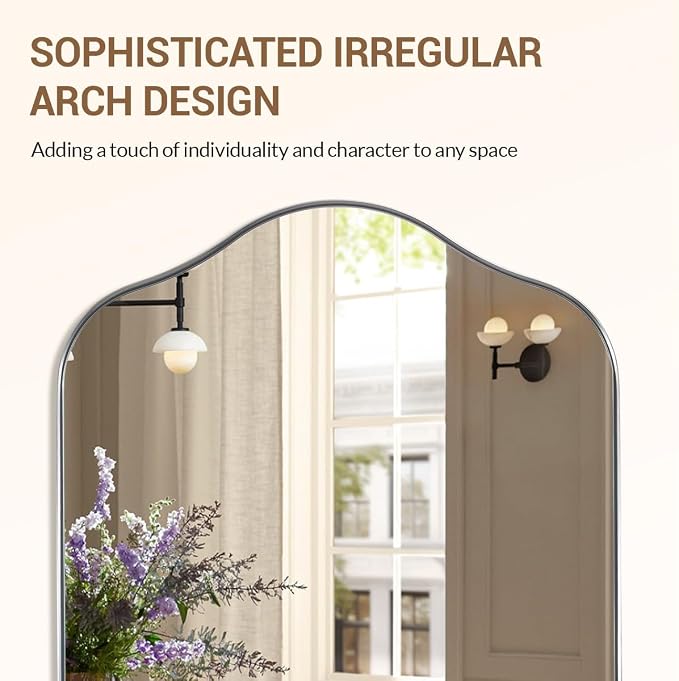 ANDY STAR Scalloped Arched Mirror, 24x36 Brushed Nickel Irregular Bathroom Mirror for Vanity, Asymmetrical Curved, Silver Rustproof Stainless Steel Frame, for Over Sink, Bedroom, Mantel, Fireplace