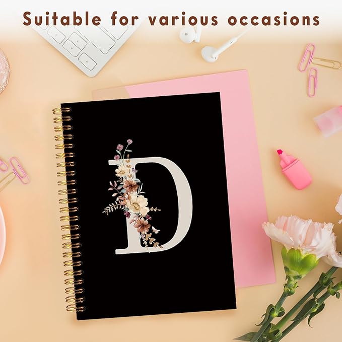 Lacama Black Initial Letter D School Notebook Journal, Aesthetic Wildflower Personalized Spiral Notebook, School Supplies, Customized Monogrammed Gifts, Birthday Gifts for Women, Office Supplies