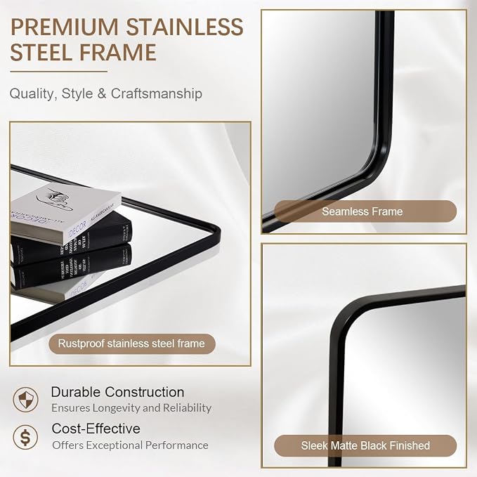 ANDY STAR 48X36 Inch Black Bathroom Mirror, Matte Black Vanity Mirrors for Wall, Rounded Rectangle Mirror for Bathroom, Seamless Tube Metal Frame, 1’’ Deep Wall Mounted Vertical/Horizontal