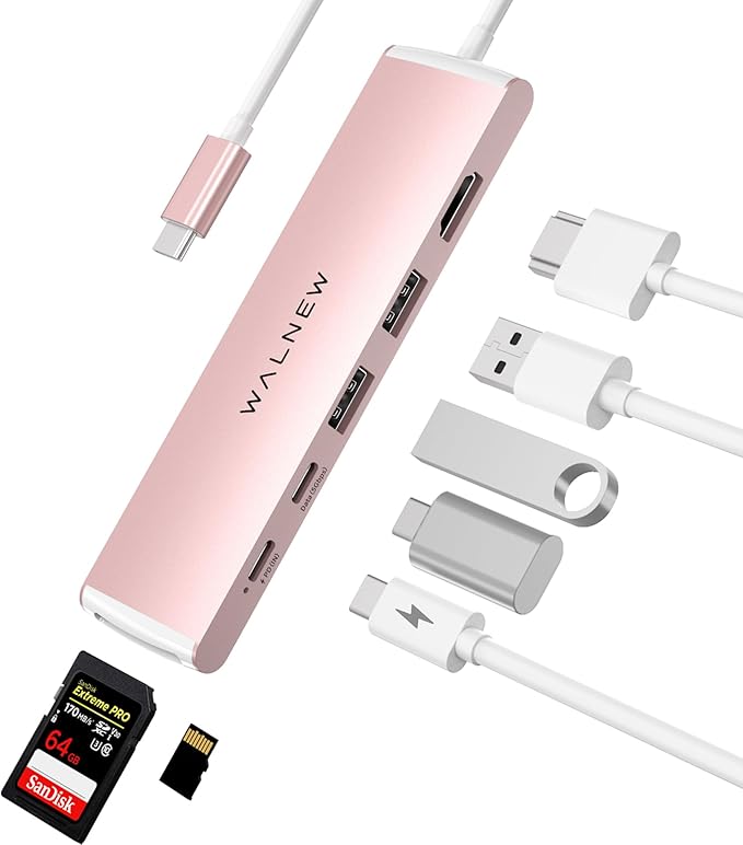 WALNEW 7 in 1 USB-C Hub with 4K HDMI,100W PD,5Gbps Data Port(1 Type-C & 2 USB 3.0),SD/TF Reader, Thunderbolt 4 Dock Multiport Adapter for MacBook Pro Air,Mac,iPad 10/Mini 6,Surface (Pink)