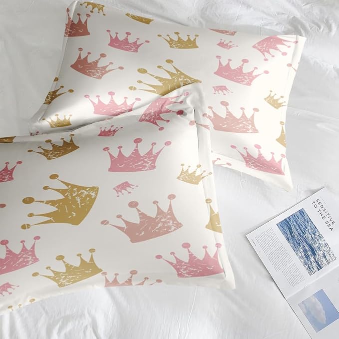Comforter Set Queen Size, Cute Kids Crown 7 Pcs Bedding for Kids and Adults, Pink Princess Girls Bed Sheet Sets with Fitted Sheet 2 Pillowcase & 2 Sham for Bedroom Bed Decor