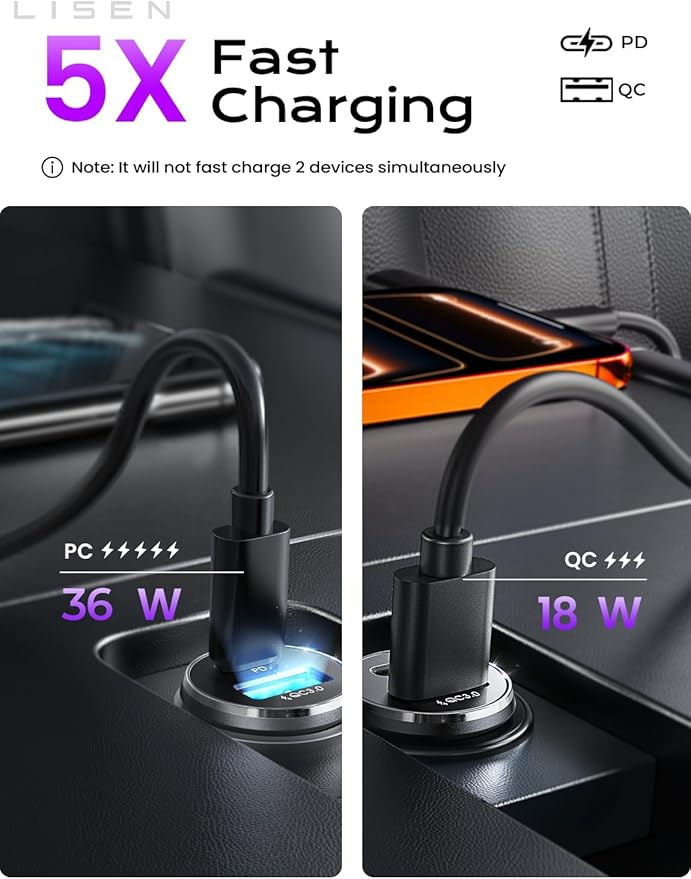 LISEN Car Charger USB C, 69W Cigarette Lighter USB Charger Adapter, Car Accessories Gifts for Men, Mini USBC Cars Fast Charging Adapter USBC Type C 12V Plug Outlet, for iPhone 17 Pro Max 16 15 14 13