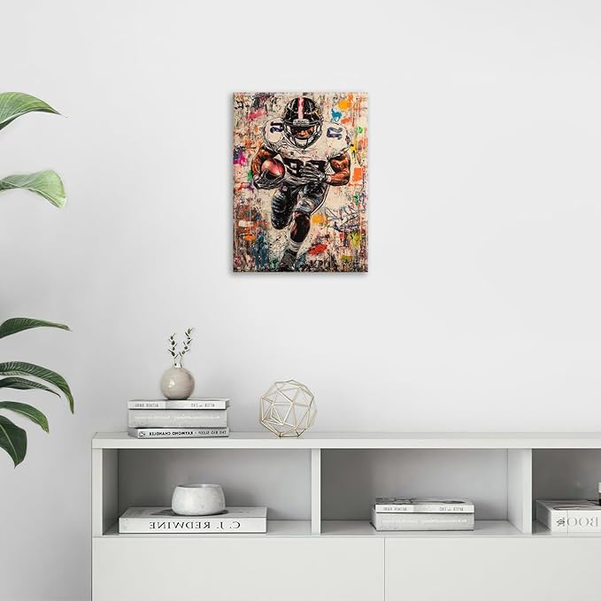 Graffiti Football Wall Art, Banksy American Football Pictures Wall Decor, Rugby Sports Canvas Prints Painting, Sport Poster Framed Artwork for Boys Room Bedroom Bathroom Living Room Office 24"X20"