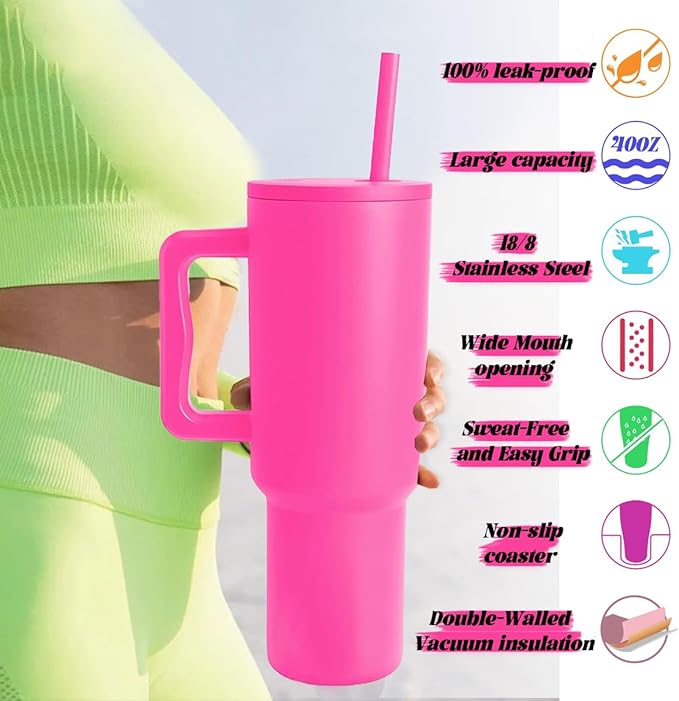 40 oz Tumbler with Handle and Straw & 6PCS Cup Accessories for 40 oz Cup - Vacuum Insulated Stainless Steel Double Wall Water Bottle Travel Coffee Mug - Holiday Gifts for Women Men (Raspberry Vibes)