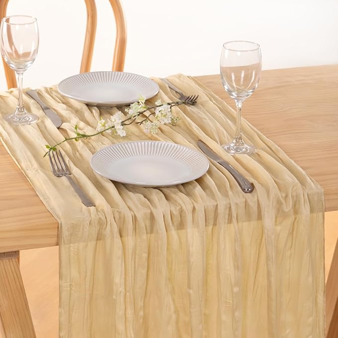 MLMC 8 Pack Champagne Table Runner 10ft Rustic Sand Cheesecloth Table Runner Bulk 35x120 Inches Neutral Gauze Cheese Cloth Centerpiece for Outdoor Wedding Bridal Shower Gathering Party Decor