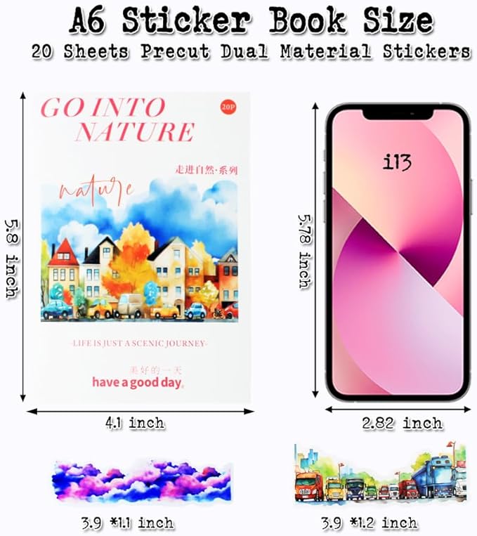 20 Sheets City Landscape Pre-Cut Journal Stickers Book for Journaling, Scrapbooking, Dual Transparent PET and Washi Stickers for Adults Junk Journals, Bujo, Collage, Planner, Album