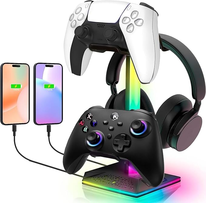 ZNikoyidy Gaming Headphone Stand PC Accessories - RGB Headset Stand with 2 USB Ports,10 Light Modes Headset Holder Suitable for All Earphone Accessories, Gift for Boys Men Gamers