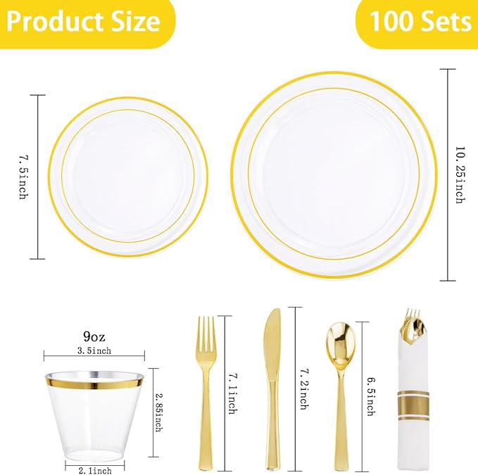 DaYammi 350PCS Clear Gold Plastic Dinnerware Set for 50 Guests, Christmas Plates Disposable, Include: 50 Dinner Plates, 50 Dessert Plates, 50 Pre Rolled Napkins with Gold Silverware, 50 Cups