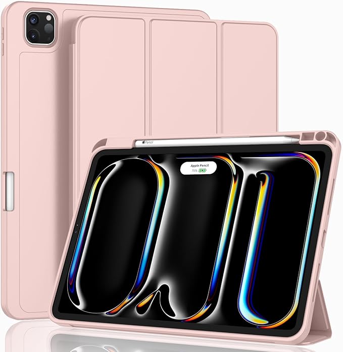 ZryXal iPad Pro 11 Inch Case (M5) 2025/ (M4) 2024 (Model: A2836/A2837/A3006), Trifold Stand Smart Cover with Pencil Holder and Soft TPU Back, Auto Wake/Sleep (Rose Pink)