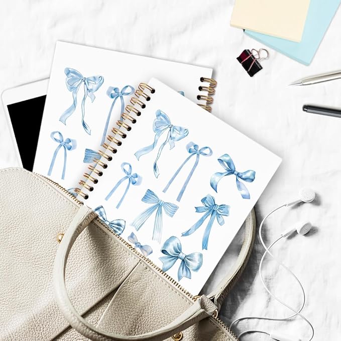 dvhdajed Blue Bow Spiral Notebook, Coquette Journaling Notebooks, Preppy Bow Spiral Journal for Girls Women Teen Girls, Blue Preppy Office School Supplies Gifts, 5.5x8.3 Inch