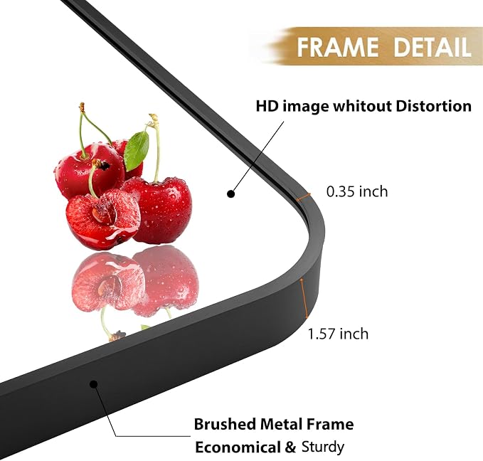 24x36 Inch Black Wall Mirror for Bathroom, Brushed Metal Framed Mirror with Rounded Corner, Rectangle Bathroom Vanity Mirror for Bedroom or Living Room, Horizontal/Vertical