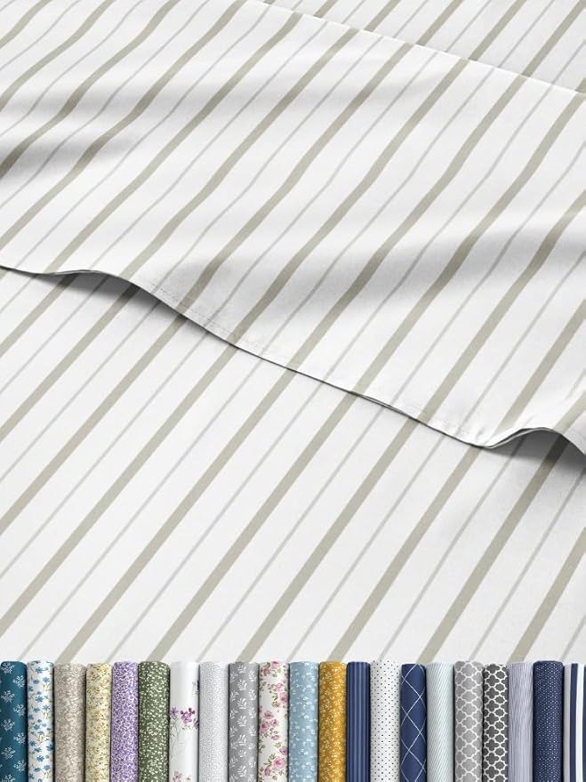 Striped Sheets - Light Grey & White Striped Sheets - 1 Flat & 1 Fitted & 1 Pillowcase w/ Deep Pockets – Wrinkle & Fade Free - Soft, Breathable & Cooling – Luxury Pinstripe Bedding - Twin Size Bed Set