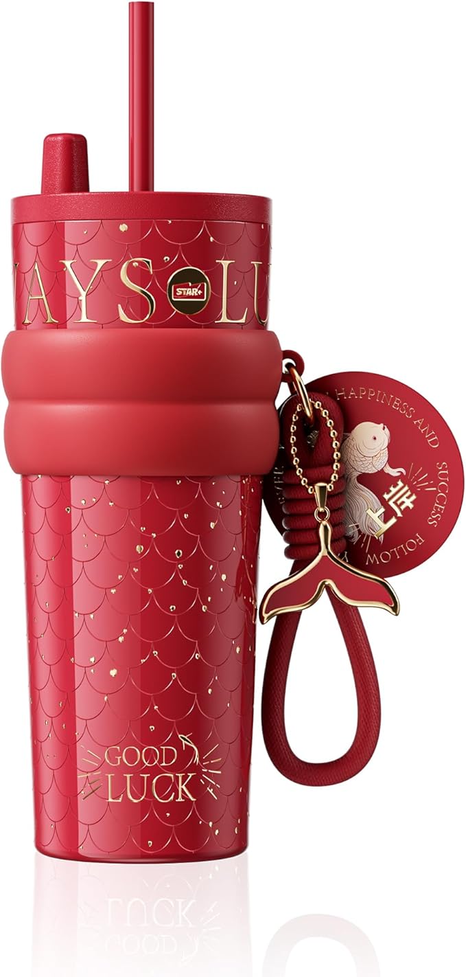24 oz Tumbler with Lid and Straw, Insulated Coffee Mug Leak Proof, Portable Iced Travel Water Bottle, Reusable Thermal Coffee Cup, Gifts for Women, Scarlet Red