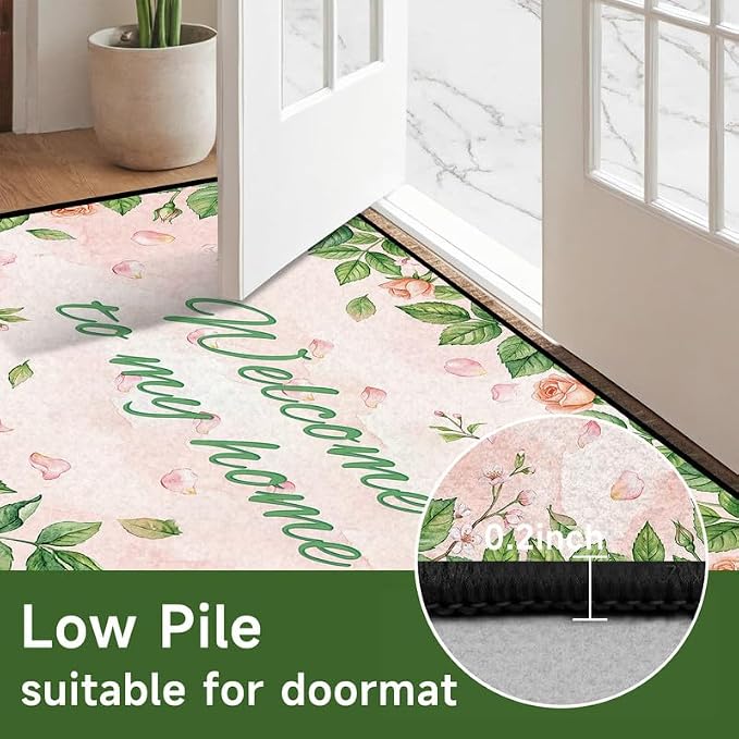Welcome Rug Floral Area Rug for Entryway Bedroom Living Room Nursery Playroom Classroom Home Decor Pink Rose Green Leaf Carpet Non-Slip Washable Floor Mat,3'x5'