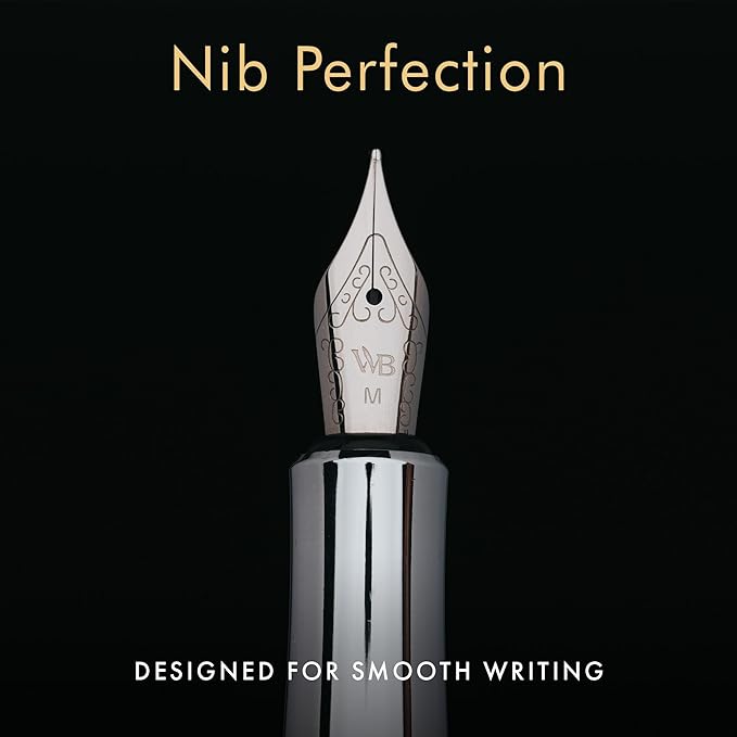 Wordsworth and Black Fountain Pen Mini EDC: Luxury Blue Heavy Pocket Pen, Chrome Finish, Medium Nib, 6 Ink Cartridges, Ink Converter, Travel Refillable Writing Pen Gift Set, Men & Women