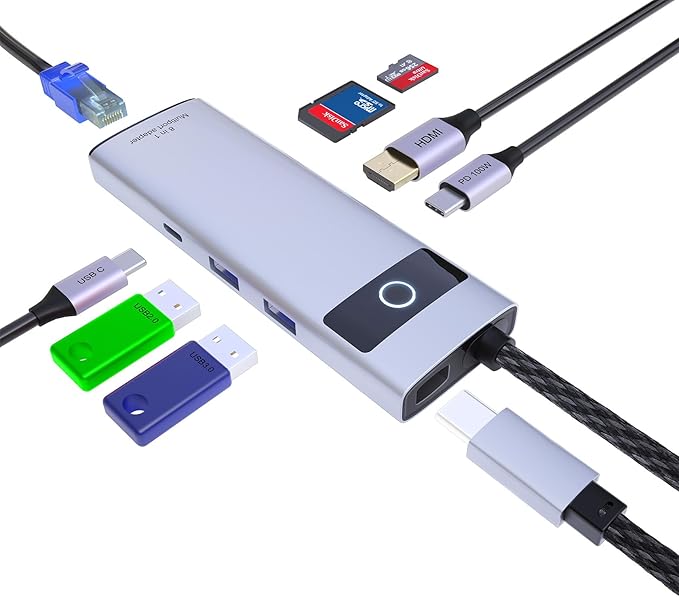 DiamondTiger 8-in-1 USB C Hub, 4K 30Hz HDMI Adapter, USB-C Docking Station with 100W PD, TF/MicroSD Card Reader, USB-A 2.0,3.0,Type-C 3.0 Ports,100M RJ45 for MacBook Pro/Air,iPad,iPhone 15/Pro Max