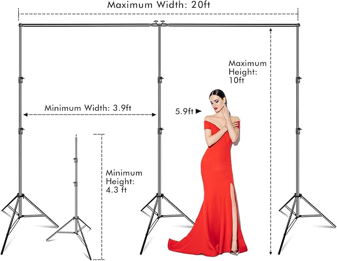 SLOW DOLPHIN Photo Video Studio 20ft (Wide) x 10ft (Tall) Heavy Duty Adjustable Width & Length Photography Backdrop Stand Background Support System Kit with Spring Clamps , Backdrop Clips, Carry Bag