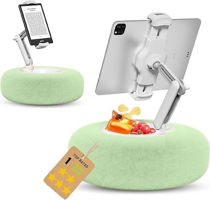 Fuzzy Pillow Phone Holder with Snack Bowl, Adjustable 360° Rotating Magnetic Stand for Phone/Tablet/Kindle iPad, Soft Plush Fabric, Detachable Snack Bowl for Reading for Bed (Upgraded Green)