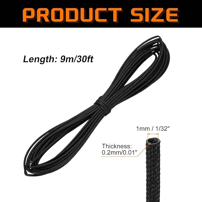 MECCANIXITY 30ft Braided Cable Sleeve, 1/32" ID 200C High Temperature 1500V Fiberglass Wire Insulation Cord Protector Organizer Wires Management for Motor Engine Fuel Line, Black