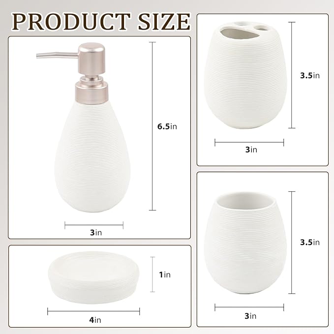 CERBIOR Bathroom Accessories Set,4 Pcs Ceramic Bathroom Decor Accessory,Includes Toothbrush Holder, Toothbrush Cup, Soap Dish for Decorative Countertop and Housewarming Gift(White 4pcs)