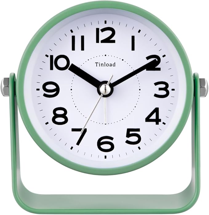 Tinload Analog Alarm Clock for Bedroom, Silent Non-Ticking Quartz Movement, Battery Operated with Snooze & On-Demand Light, Bedside Desk Table Clock, Ideal for Home, Office (Green)