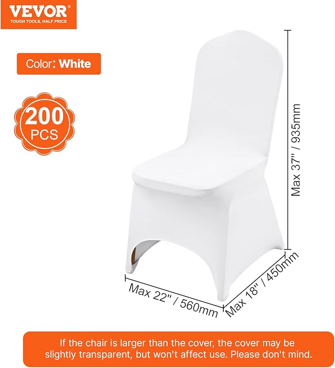 VEVOR 200 Pcs Flat-Front Chair Covers Polyester Spandex Chair Cover Stretch Slipcovers, Wedding, Holiday, Banquet, Party, Celebration, Dining, White