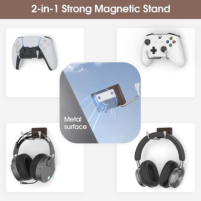 TOYOSO Magnetic Game Controller Holder: Walnut Wood Headphone Holder for Gamers - Headset Hanger Adhesive-Free 10lbs Strong Wall Mount for Xbox/PS5/Switch Controllers/PC Desk