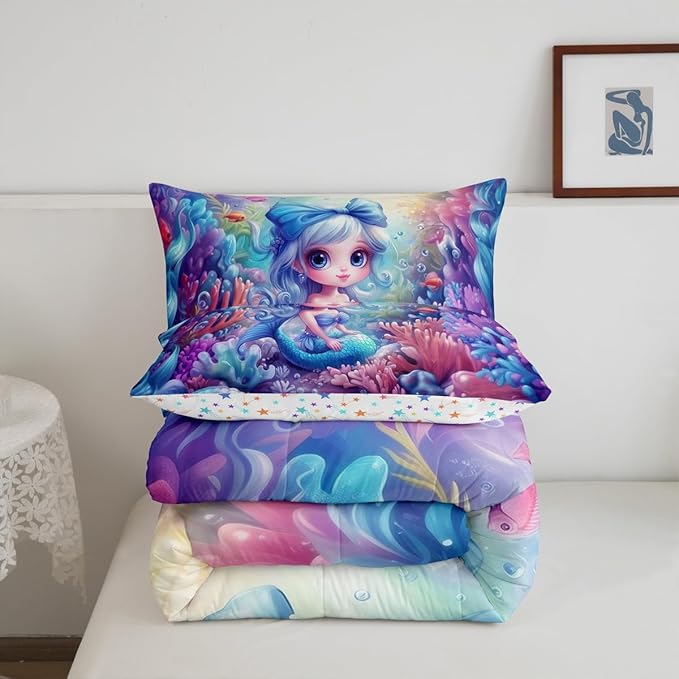 Cute Mermaid Full Size Comforter Set,Beautiful Mermaid Fairy Tale Reversible Bedding Comforters Bedroom Collection,Watercolor Coral Cartoon Undersea World Bedding Set for Girls Teens