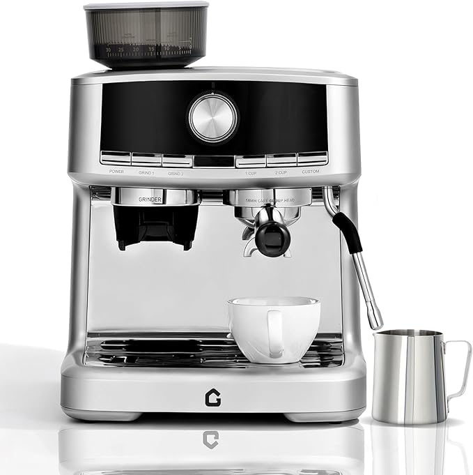 20 Bar Espresso Machine with Built-in Grinder, Stainless Steel Coffee Maker with Milk Frother Steam Wand, 1.5L Removable Water Tank, Adjustable Shot Volume for Home & Office