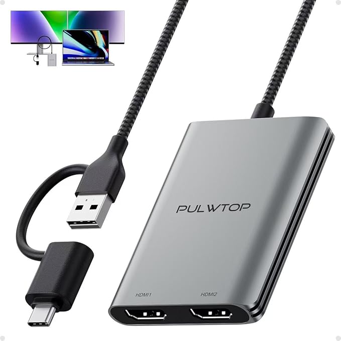 PULWTOP Displaylink Adapter, USB C to HDMI Adapter with Dual Monitor for Mac M1/M2/M3/M4, USB C to Dual HDMI for MacBook, Laptops, iMac, Driver Required
