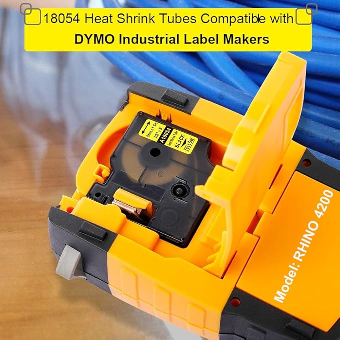 Rhino 18054 A18054 9mm Yellow Heat Shrink Replace for Rhino 5200 Heat Shrink Labels Compatible with DYMO Industrial Rhino 4200,6000, 6000+ Label Maker, 3/8" x 4.9', Black on Yellow, 4-Pack