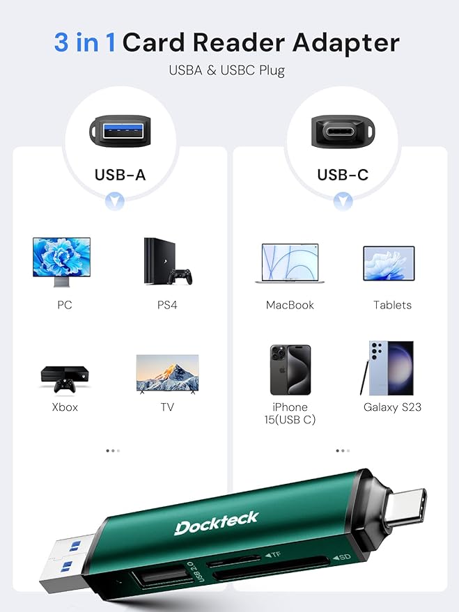 Dockteck SD Card Reader, 5G Super Speed USB3.0 SD/TF Card Reader, 3-Slot USB A/C to SD/Micro SD/USB A Memory Card Reader for UHS-I SD/Micro SD/SDHC/SDXC/MMC, Support OTG for Plug&Play,Green