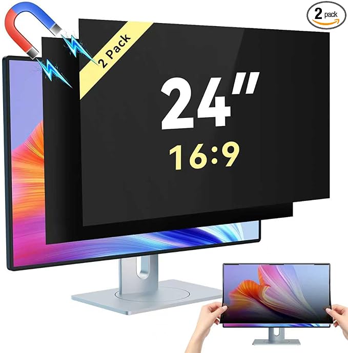[2-Pack] Magnetic 24 Inch Computer Privacy Screen Protector for 16:9 Monitor, Removable 24in Private Filter for Anti Glare Block Blue Light, Screen Cover Shield Office Shade for Desktop TV Monitor