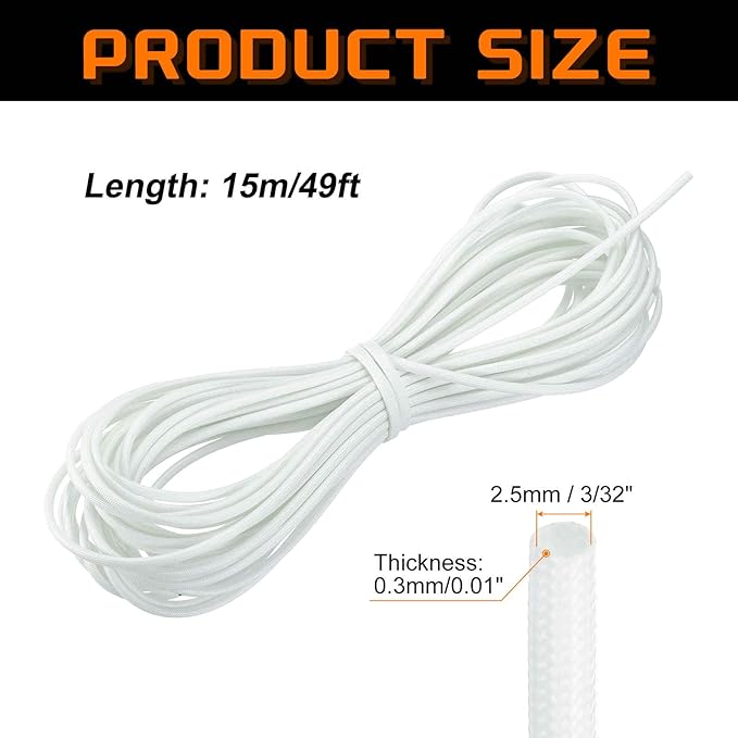 MECCANIXITY 49ft Braided Cable Sleeve, 3/32" ID 200C High Temperature 1500V Fiberglass Wire Insulation Cord Protector Organizer Wires Management for Motor Engine Fuel Line, White