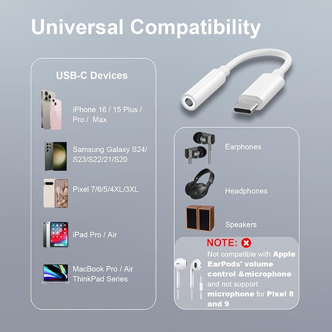 2 Pack USB C to 3.5mm Headphone Jack Adapter, USB C to Aux Audio Dongle Cable Cord Compatible with iPhone 17/16/15 Pro/15 Pro Max, iPad Pro, MacBook, Samsung S21-24, Pixel 7/6/5