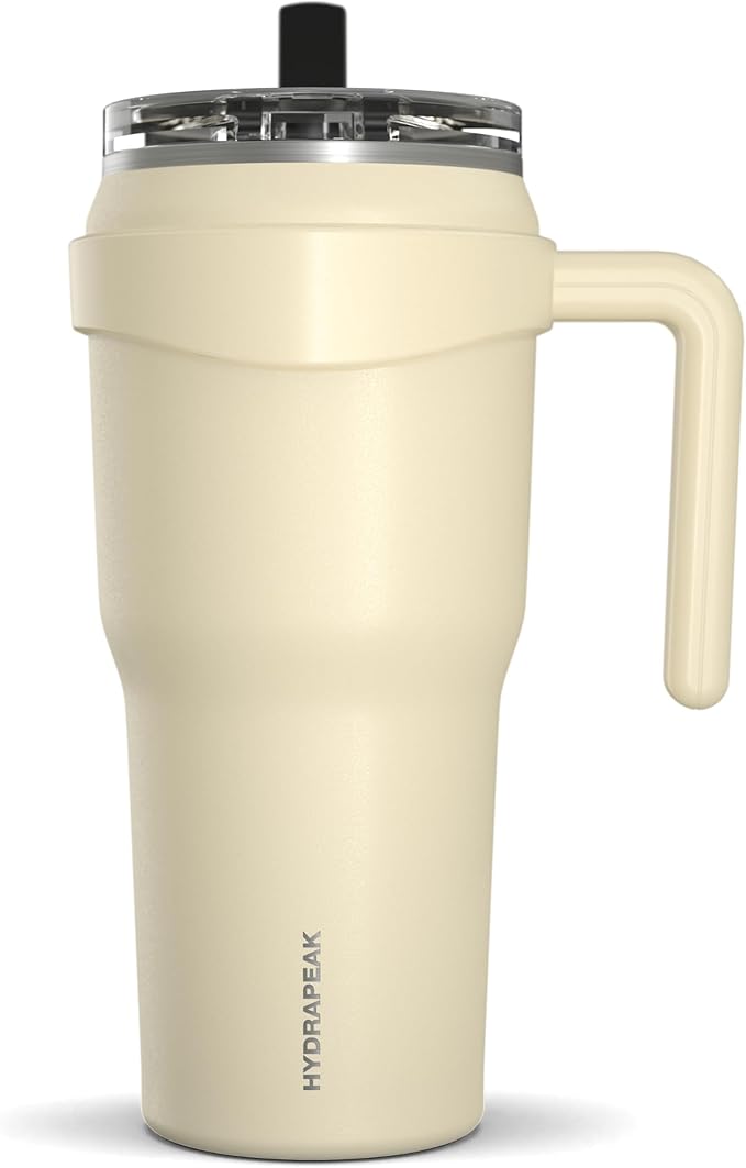 Hydrapeak Roadster 40oz Stainless Steel Tumbler Double Wall Vacuum Insulated Water Bottle With Handle And 2 in 1 Straw Lid (Modern Cream)