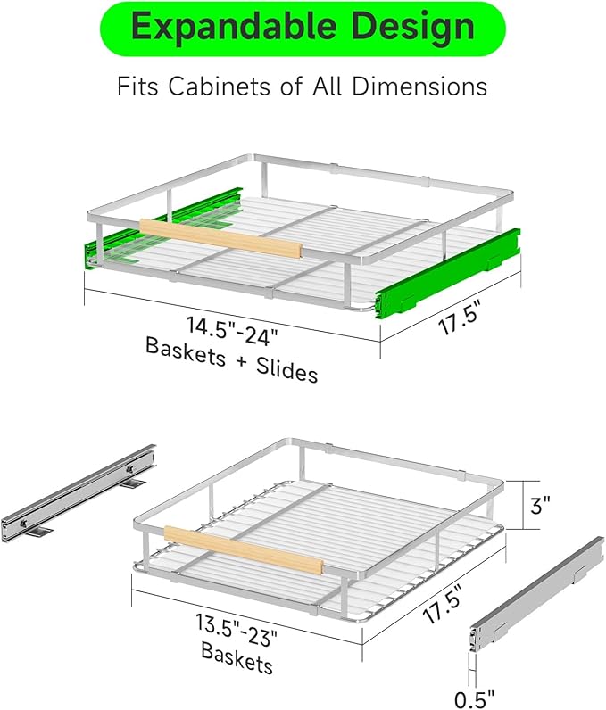 SOFRON Expandable Pull Out Drawers for Cabinets, Kitchen Cabinet Slide Out Shelves, Adjustable Roll Out Drawers, Stainless Steel, Medium 2 Pack, (14.5"-24") Width x 17.5" Depth