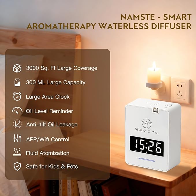 Namste Waterless Diffuser - HVAC System Essential Oil Diffuser with Clock - Whole House & Hotel Coverage 3000 Sq. Ft, 300ML Scent Machine Smart Oil Level Monitoring, Bluetooth Control, Cold Air Tech