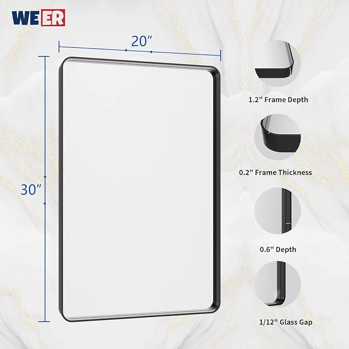 WEER Black Bathroom Mirror 20X30 Inch, Rectangular Matte Black Metal Framed Vanity Mirror, Farmhouse Bathroom Mirror with Tempered Glass, Rounded Corner, Anti-Rust (Horizontal/Vertical)