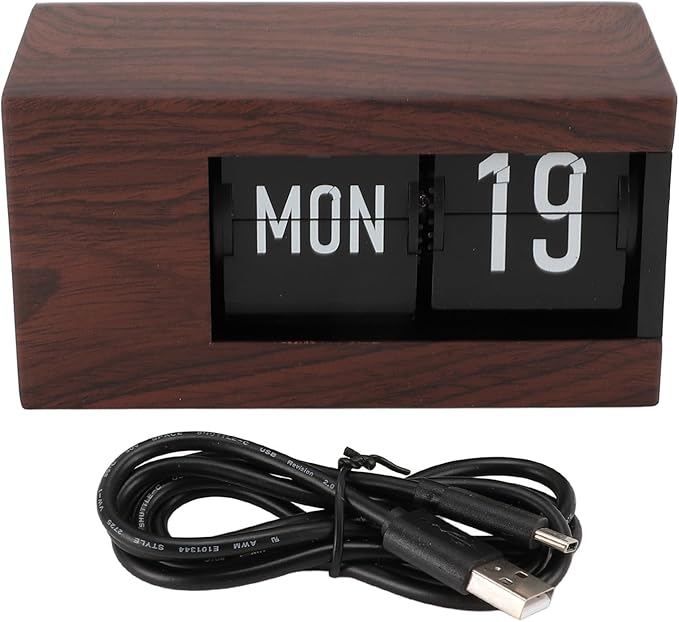 Flip Desk Clock, Intelligent Perpetual Calendar Unique Flip Design Flip Clock 2600Mah Built in Batteries Digital Flip Down Clock for Home Room Office (Wood Grain)